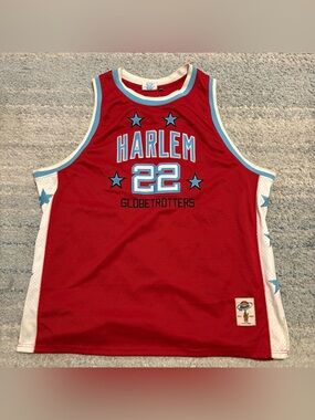 FUBU Red Harlem #22 Basketball Jersey with Light Blue Trim